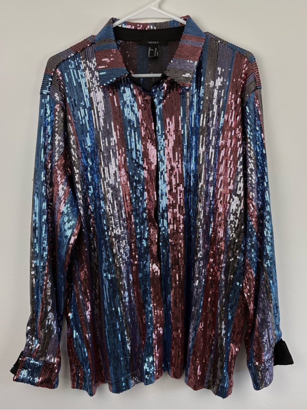 Forever 21 Multicolor Sequin Button-Up Top EUC XL Discocore Glam Rock Party Chic - Picture 3 of 8
